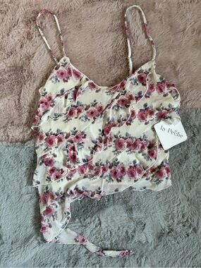 La peche white pink floral ruffle tank